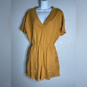 ZENANA small drop shoulder mustard color v-neck romper elastic waist deep pocket